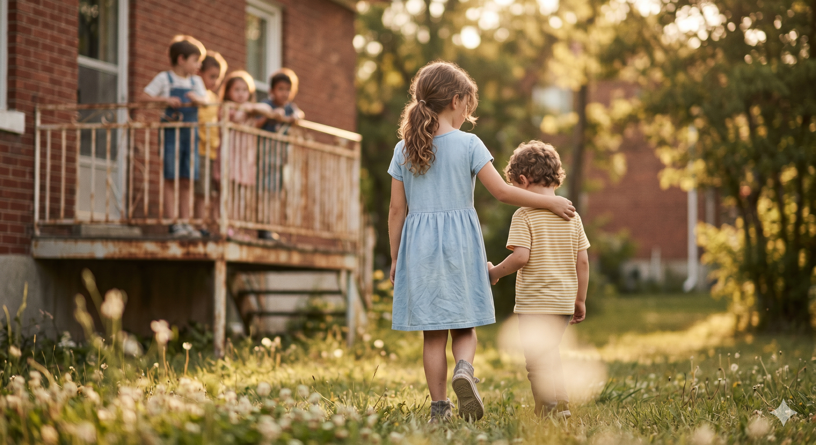 Children playing on a balcony while two walk away together in warm evening light