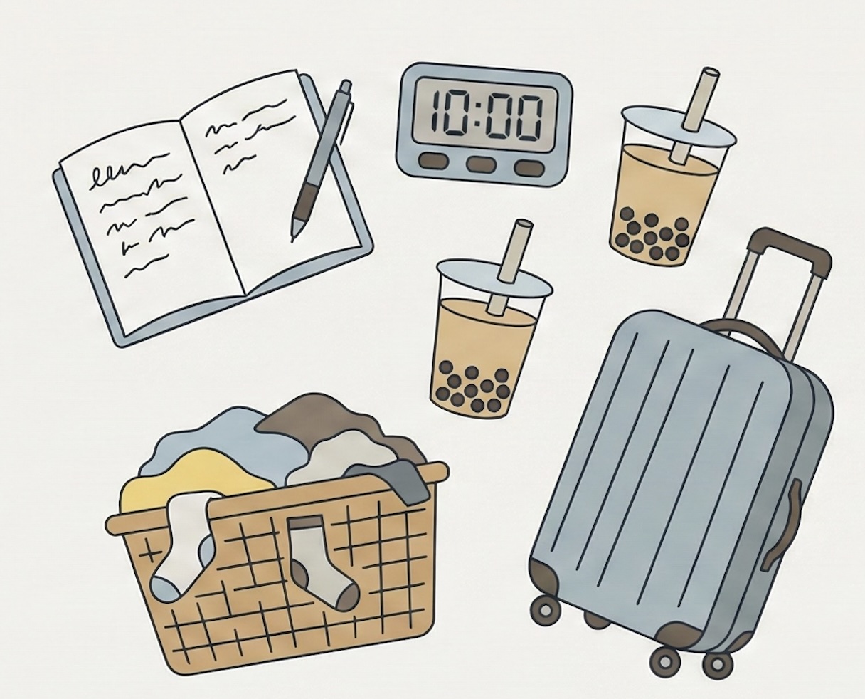 Minimalist illustration of a notebook, timer, boba tea, laundry basket, and a suitcase